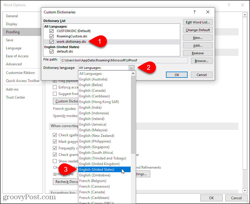 Selecteer taal voor een aangepast woordenboek in Word