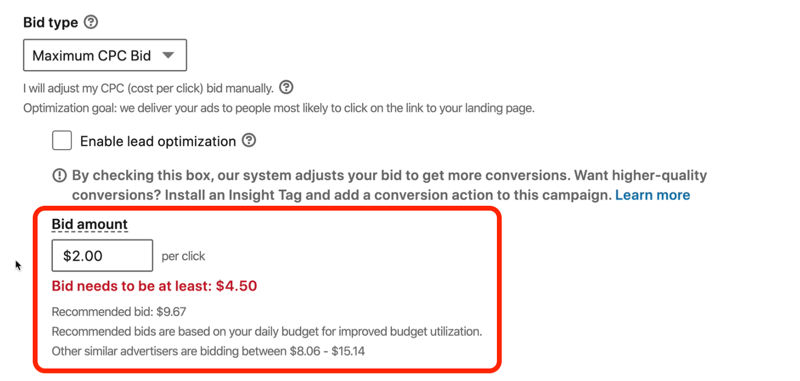 screenshot van bericht in het rood met de tekst 'LinkedIn-bod moet minimaal $ 4,50 zijn'