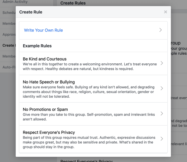 Hoe u uw Facebook-groepsgemeenschap kunt verbeteren, voorbeeld van vooraf geschreven regels van Facebook-groepen