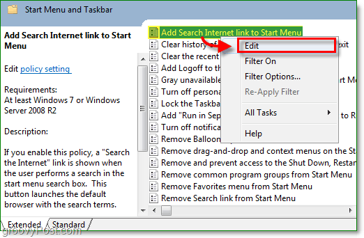 klik op de internetzoeklink toevoegen om menua te starten en klik vervolgens op de bewerkingsoptie in het contextmenu van Windows 7 met de rechtermuisknop