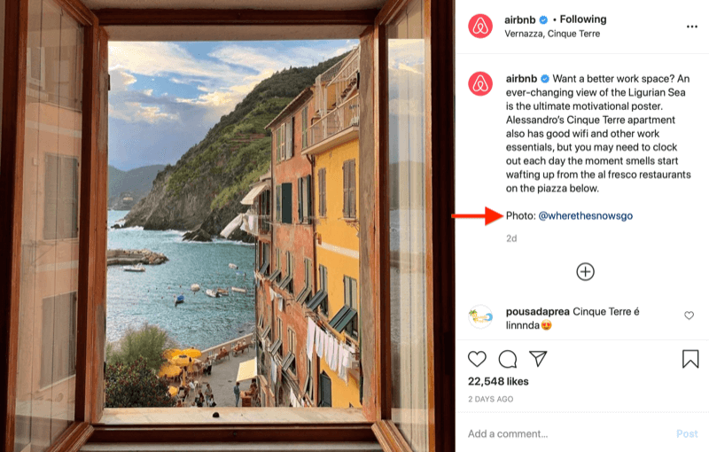 Instagram afbeelding repost door @airbnb met afbeeldingscredit aan @wherethesnowsgo, zoals gevraagd in de afbeelding hierboven