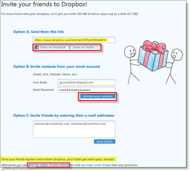 Screenshot van Dropbox - veel manieren om uw uitnodigingen te delen met dropbox