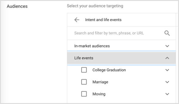 Google Adwords-doelgroep die zich richt op levensgebeurtenissen