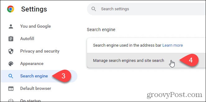 Klik op Zoekmachines en sites zoeken beheren op het scherm Zoekmachine in Chrome