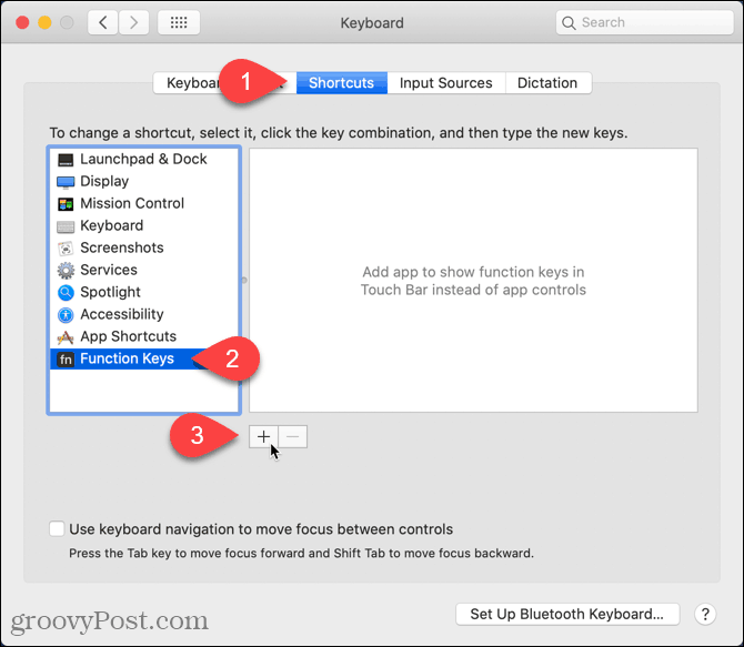 Klik op het pluspictogram op het scherm Mac-snelkoppelingen