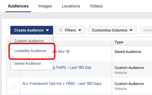 Optie om een ​​Facebook Lookalike Audience te maken onder Create Audience in Facebook Ads Manager.