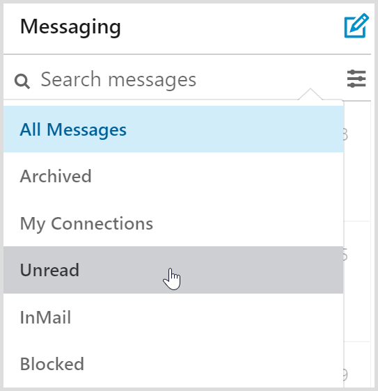 De filters voor de inbox van LinkedIn-berichten bevatten een filter voor ongelezen berichten.