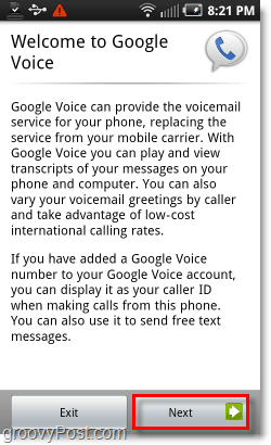 Welkomstscherm van Google Voice op Android Mobile