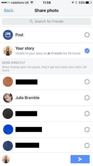 Kiezen waar u uw Facebook-verhaalinhoud wilt plaatsen.