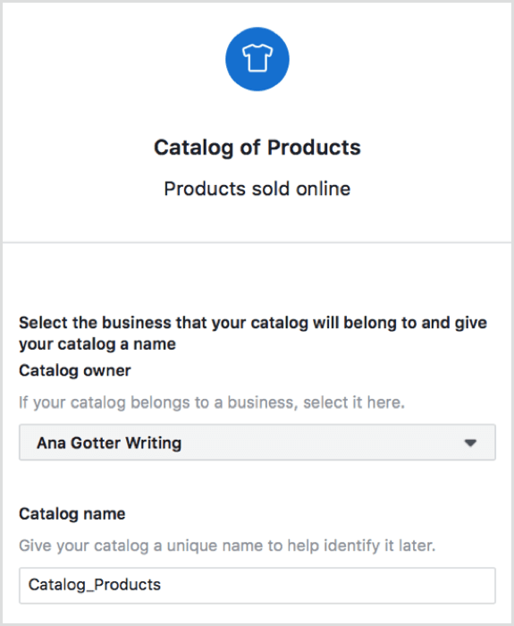 Selecteer de pagina waartoe uw catalogus behoort en geef de catalogus een naam in Shopify.