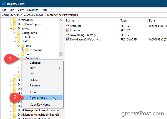 Selecteer Machtigingen voor de Powershell-sleutel in de Windows Register-editor