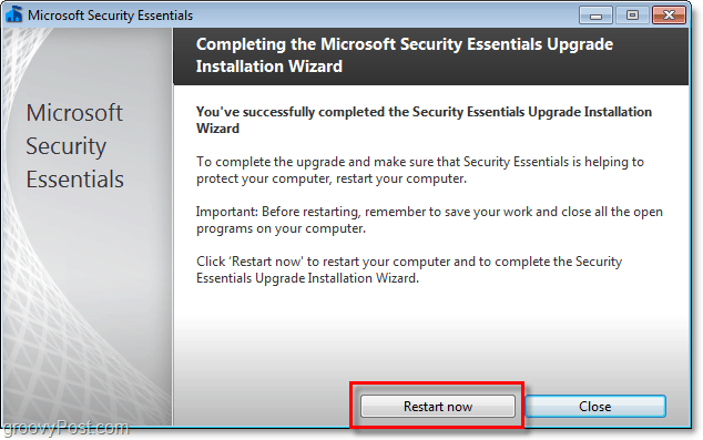 Start de computer opnieuw op om de bètaversie van Microsoft Security Essentials 2.0 te voltooien