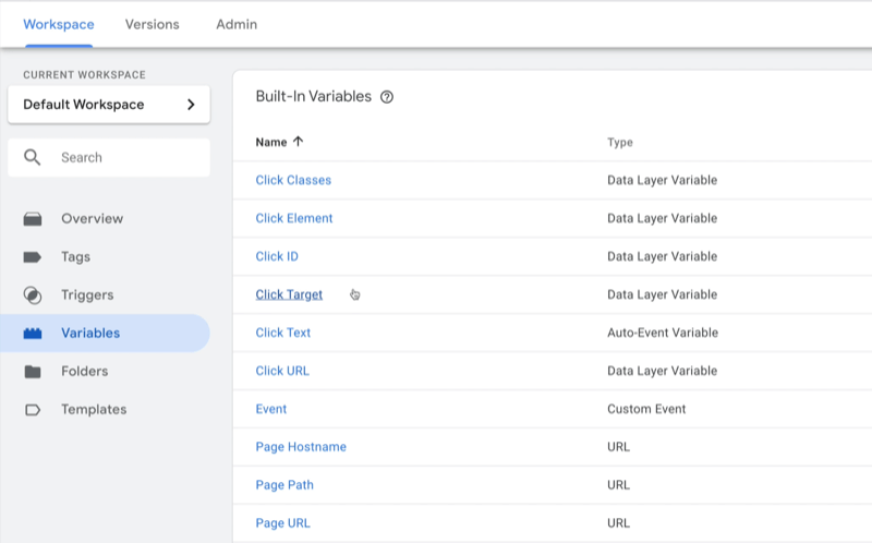 voorbeeld google tag manager dashboard-werkruimte met geselecteerde variabelen en verschillende voorbeeldvariabelen weergegeven met type genoteerd voor elk
