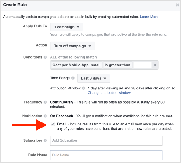 Automatische e-mailmelding voor regels van Facebook Ads Manager
