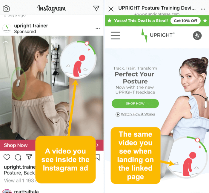 dezelfde video- en visuele elementen in Instagram-advertentie en gelinkte bestemmingspagina