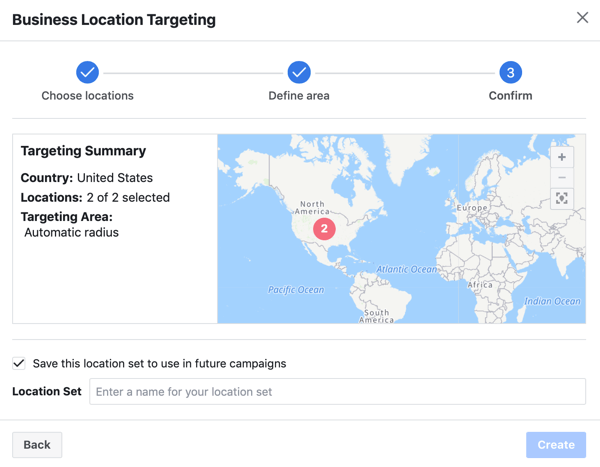 Bevestig de targeting op locatie voor uw Facebook-advertentie.