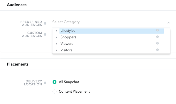 Met Snapchat kun je doelgroepen kiezen uit vier vooraf gedefinieerde categorieën.