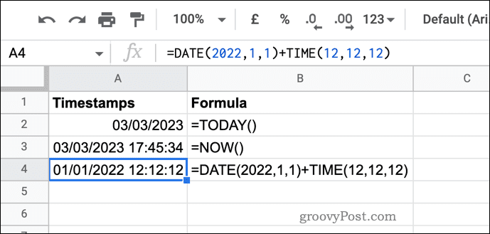 Voorbeeld tijdstempels in Google Spreadsheets