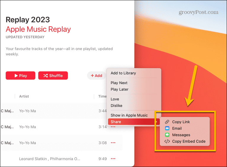 opties voor het delen van Apple-muziek
