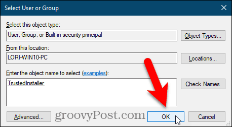 Sluit het dialoogvenster Gebruiker of groep selecteren in de Windows Register-editor