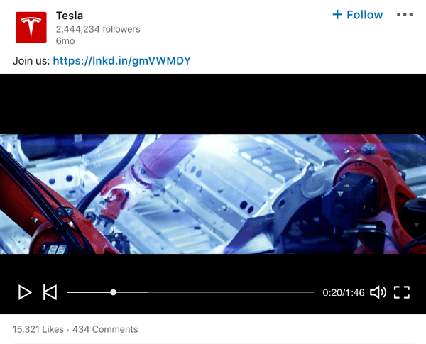 Voorbeeld van videopost op LinkedIn-bedrijfspagina van Tesla.