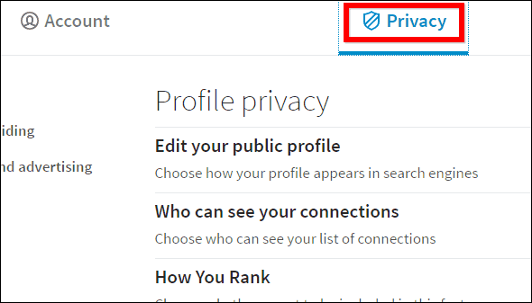 Privacy tabblad op Linkedin