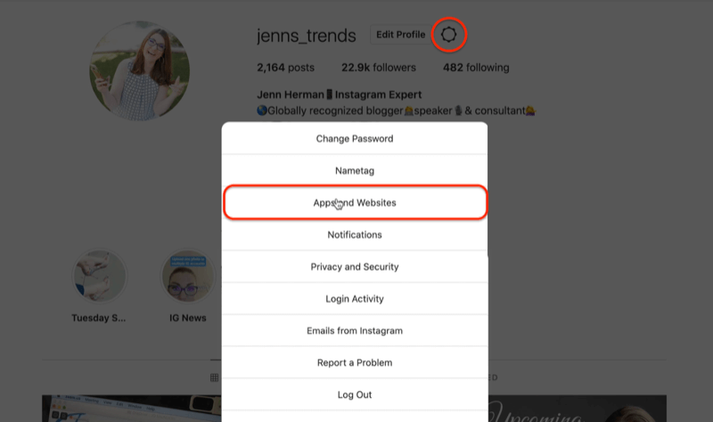 instagram profiel tandwielpictogram bewerk instellingen menu-opties met de optie apps en websites