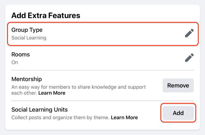 voorbeeld van de instellingen van een Facebook-groepseenheid die de optie groepstype benadrukken