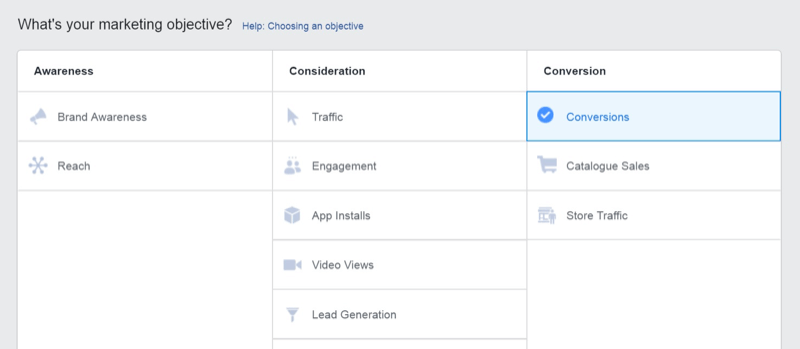 Marketingstrategie voor sociale media; Screenshot van de conversiedoelstelling in Facebook Ads Manager.