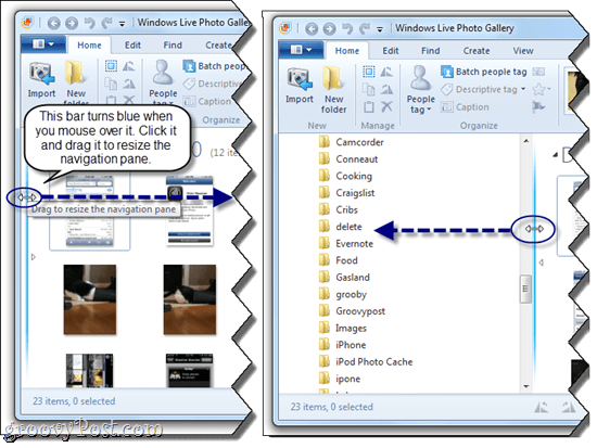 Wijzig het formaat van het navigatiedeelvenster in Windows Live Photo Gallery