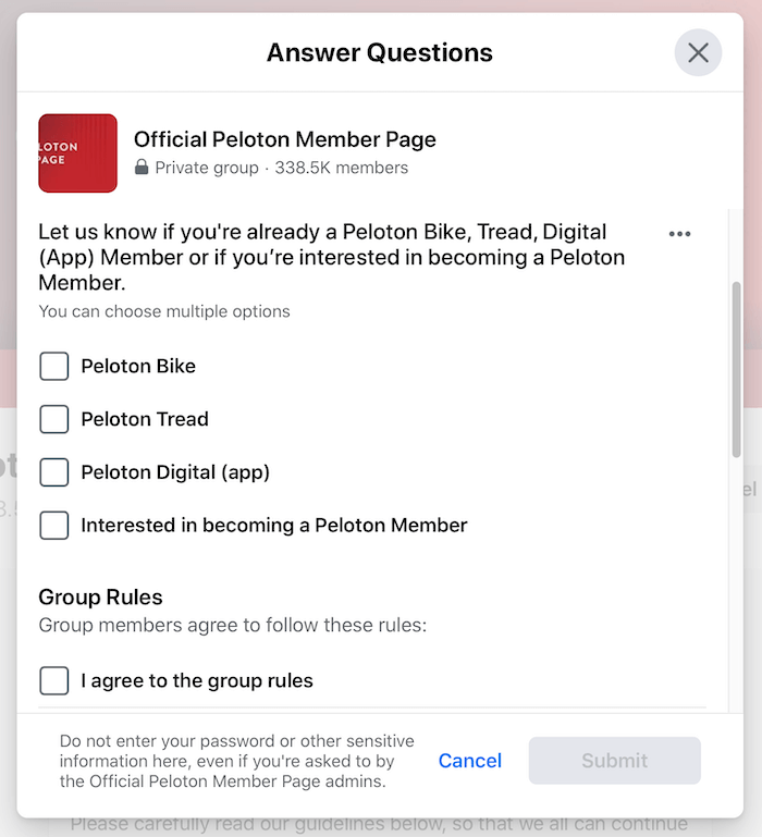 voorbeeld van vragen over Facebook-groepscreening voor de officiële peloton-ledenpaginagroep