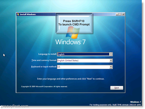 Windows 7 installeren - Start CMD-prompt met Shift + F10