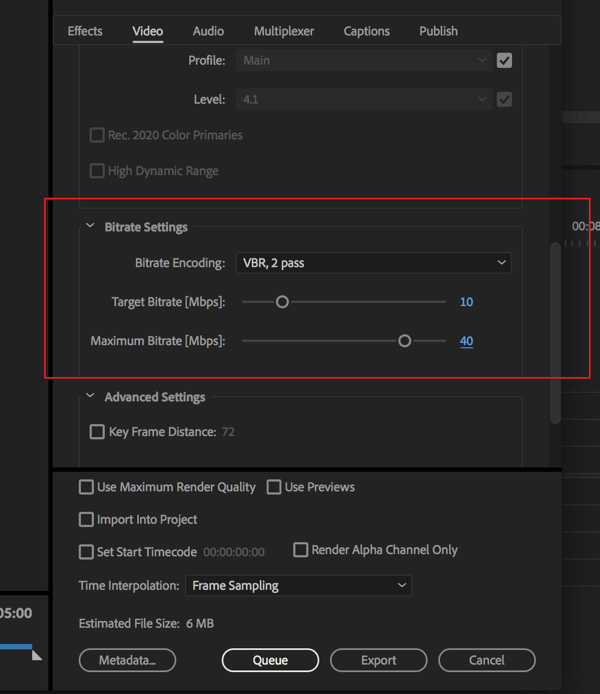 Instelling om de bitsnelheid van uw Adobe Premier Pro-video-export te wijzigen.