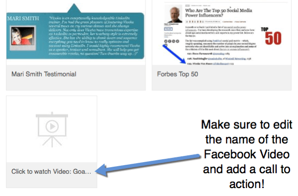 Wanneer u Facebook-videolinks aan uw profiel toevoegt, bewerkt u de titel om een ​​call-to-action op te nemen om de video te bekijken.