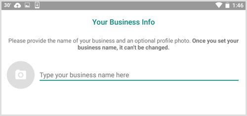 Typ uw bedrijfsnaam op het scherm Uw bedrijfsinfo in WhatsApp Business