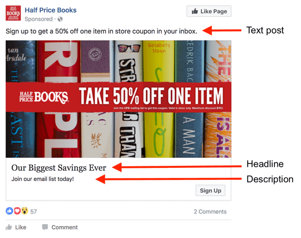 Er zijn drie gebieden voor tekst in een Facebook-advertentie.