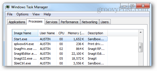 start.exe uitgevoerd in de taakbeheerder