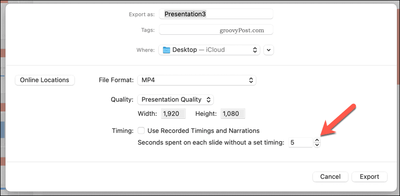 Handmatige timings gebruiken voor een geëxporteerde video in PowerPoint op Mac