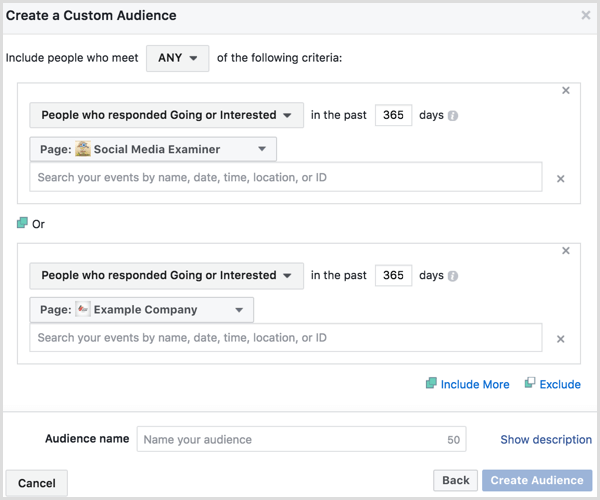 Facebook Ads Manager creëer een aangepast publiek op basis van evenementbetrokkenheid