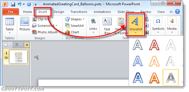wordart invoegen in e-cards van powerpoint 2010