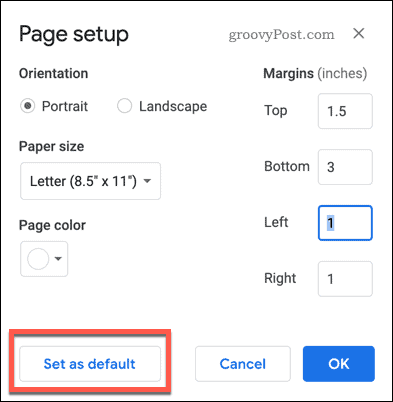 De pagina-instelling is ingesteld als standaardknop in Google Documenten