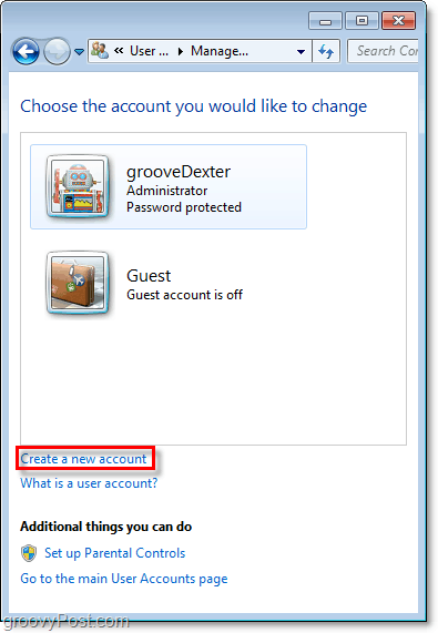vanaf de overzichtspagina van Windows 7-accounts gebruikt u de link om een ​​nieuw account te maken