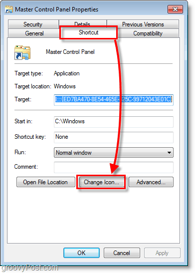 Schermafbeelding van Windows 7 - het pictogram voor een snelkoppeling wijzigen