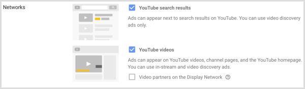 Netwerkinstellingen voor Google AdWords-campagne.