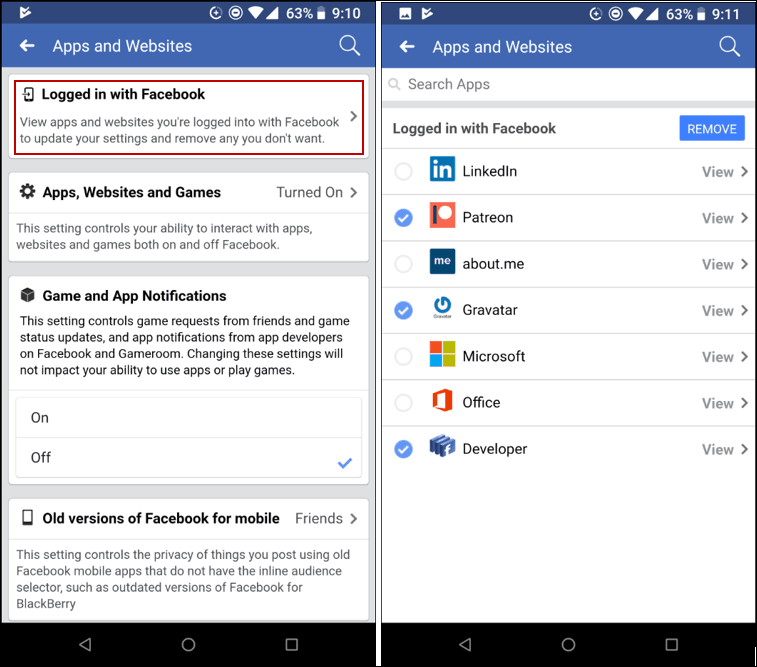 Verwijder Apps Facebook Mobile