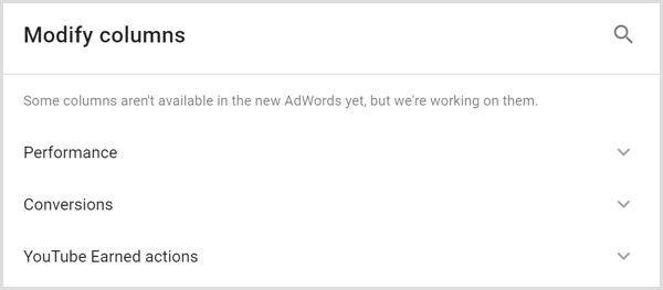 Google AdWords Analytics wijzigt het kolommenscherm