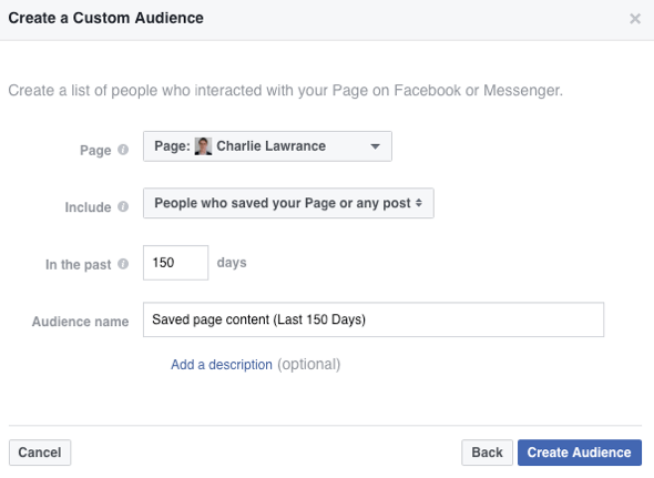 Maak een aangepast publiek van mensen die uw Facebook-pagina of post hebben opgeslagen.