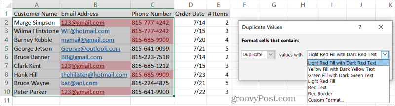 Selecteer Opmaak voor duplicaten in Excel