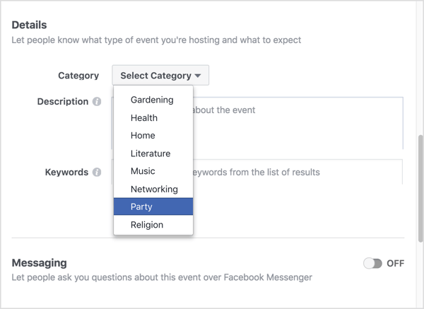 Kies de categorie die het beste bij uw virtuele Facebook-evenement past.