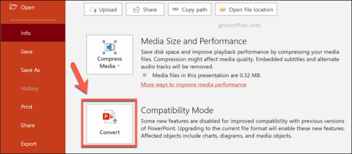 PowerPoint converteert PPT naar PPTX-knop